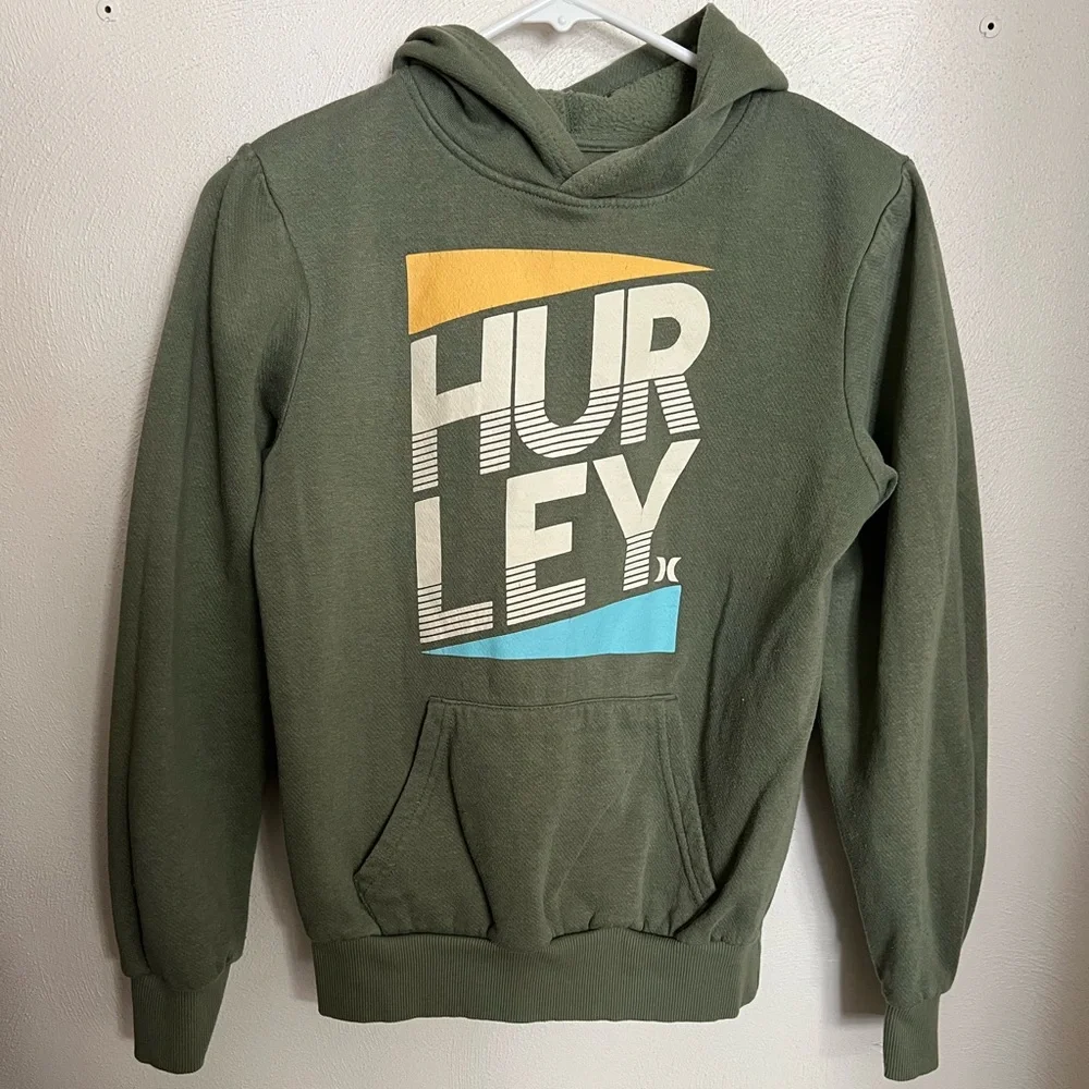 HURLEY Classic Casual Athleisure Graphic Fleece Hoodie Green Yellow Blue Boy's L